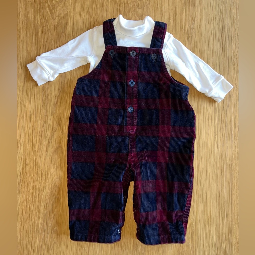 2 PIECE SET - Vintage babyGAP Plum and Navy Plaid Corduroy Overalls - Kids